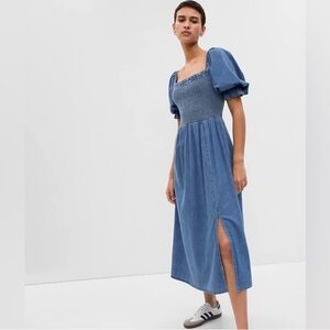 NWOT GAP Size XXL Blue Denim Midi Smocked Puff Sleeve Dress